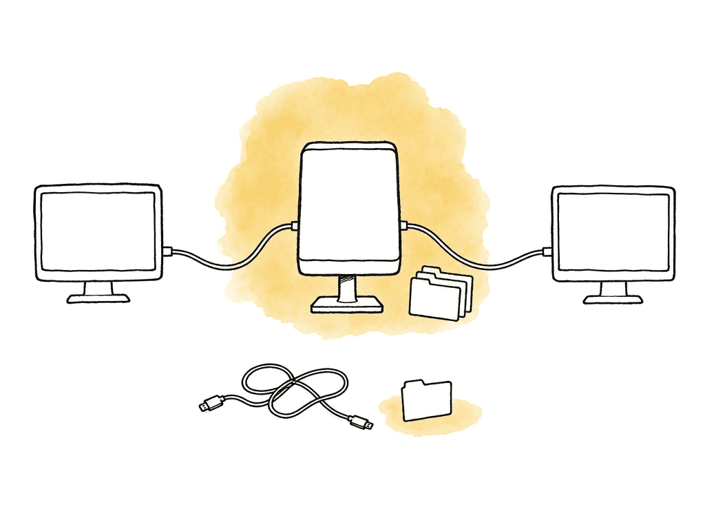 Two editing workstations connected to one shared media drive while a loose folder sits apart.