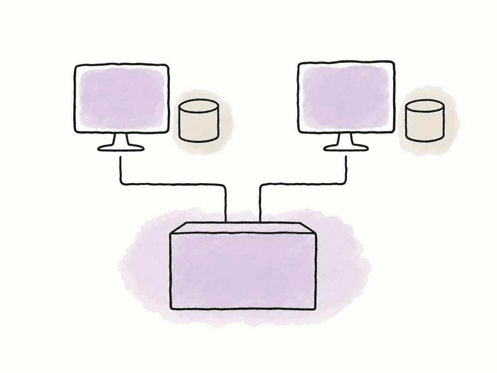 Two editor workstations each use a nearby local disk while connecting separately to a larger shared media storage box.
