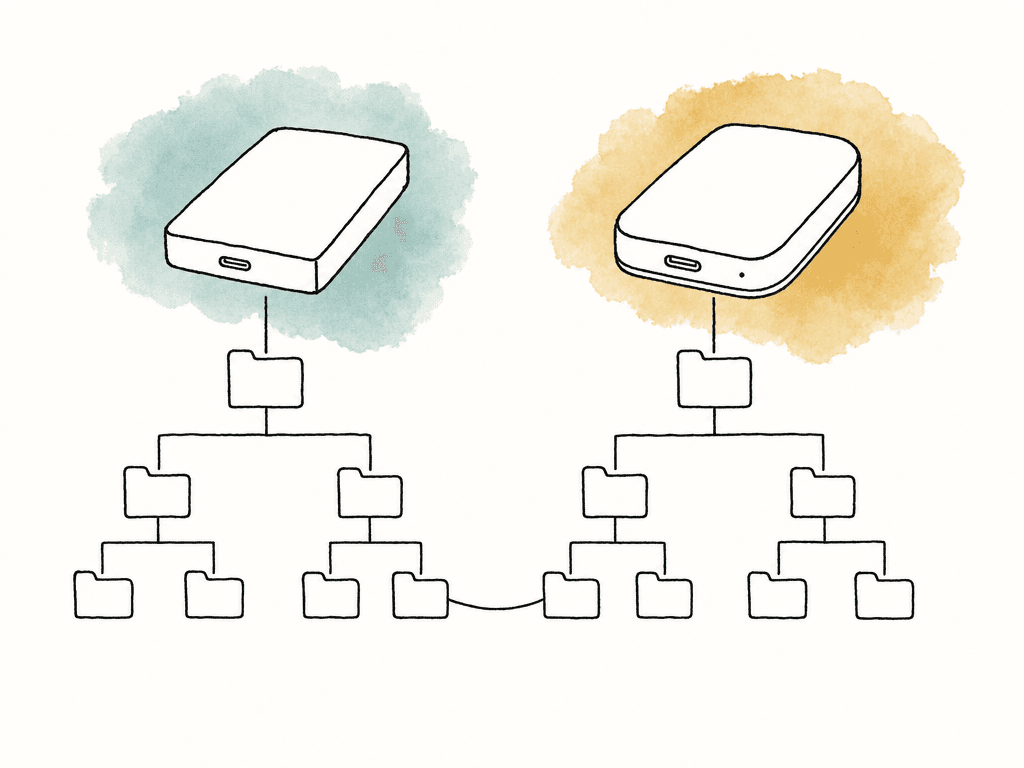 Two different drives contain identical folder tree structures, with a line connecting matching folders.