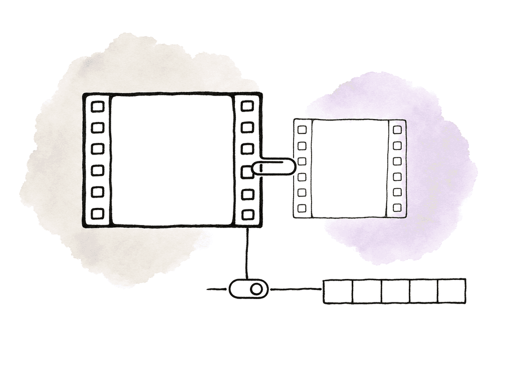 A large original filmstrip linked to a smaller proxy filmstrip feeding the same timeline.