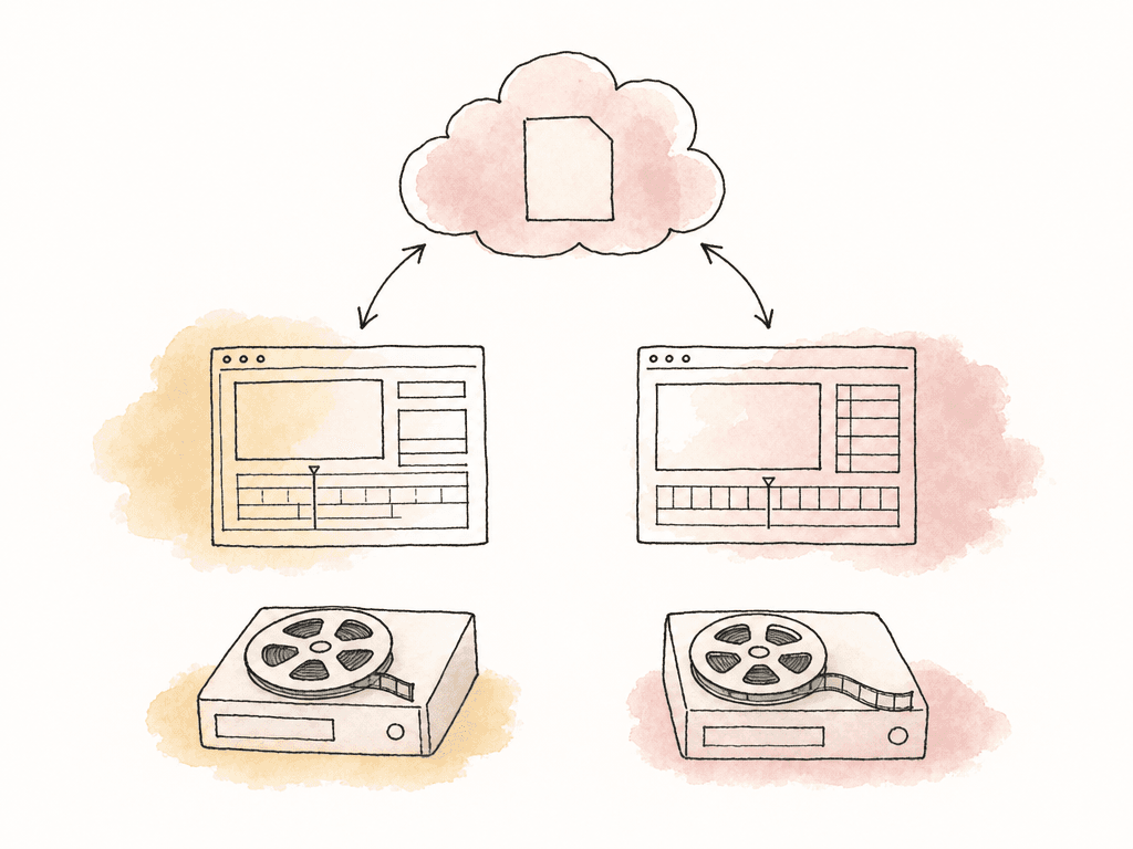 A cloud shares a small project card between two editors while large media drives sit separately below them.
