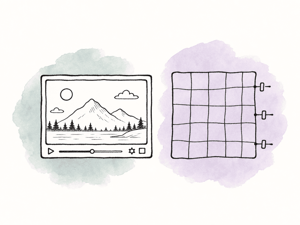 Side-by-side doodle showing a finished video frame beside sensor-grid data with adjustment controls.