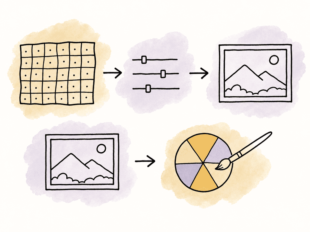 Two-path doodle showing sensor data adjusted before becoming an image, compared with a finished frame being corrected afterward.