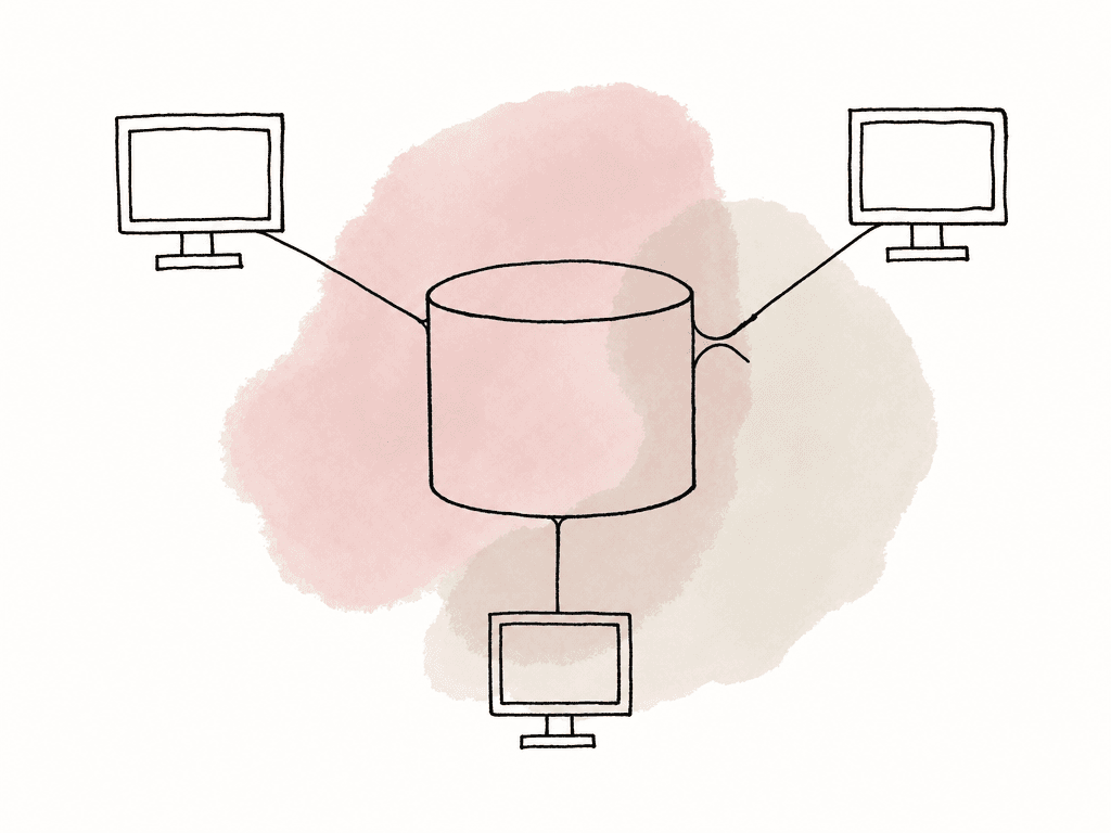 Doodle of multiple computers connected to a central storage drive, with one narrow connection suggesting a playback bottleneck.