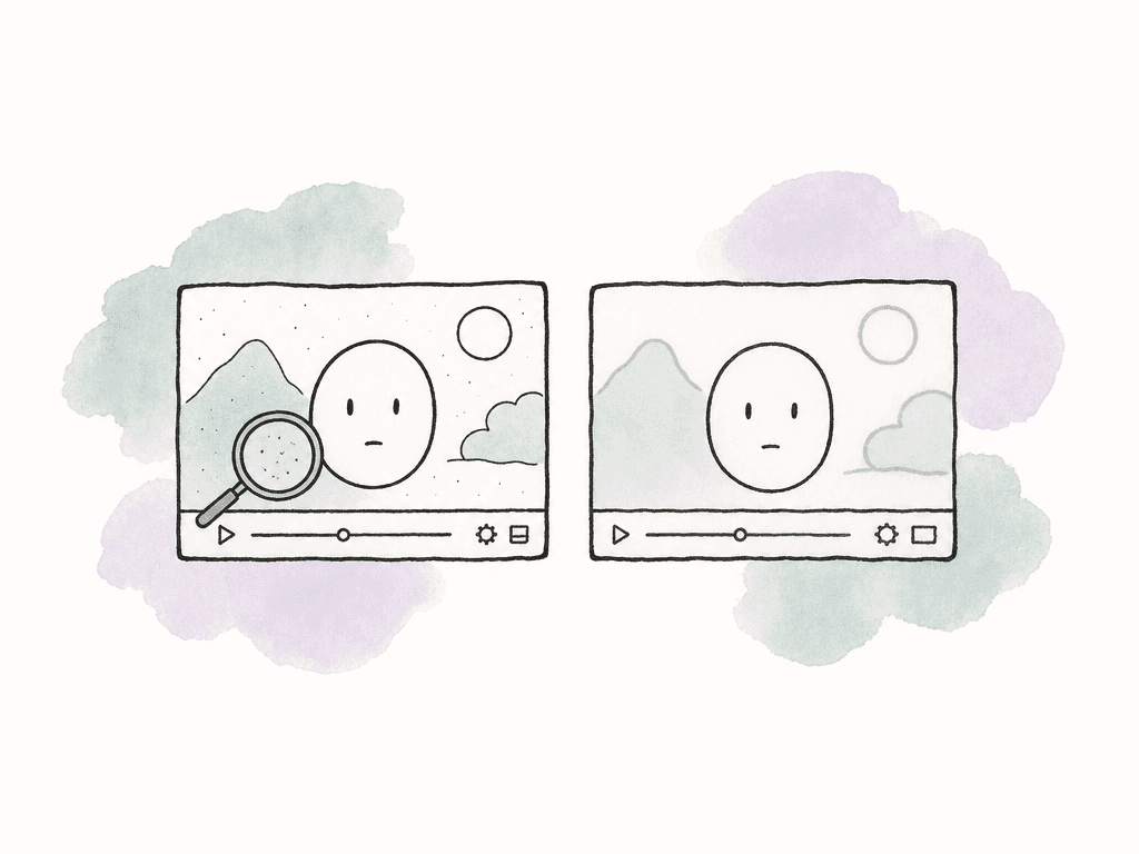 A detailed video frame beside a simplified proxy frame, with a magnifying glass showing lost image detail.