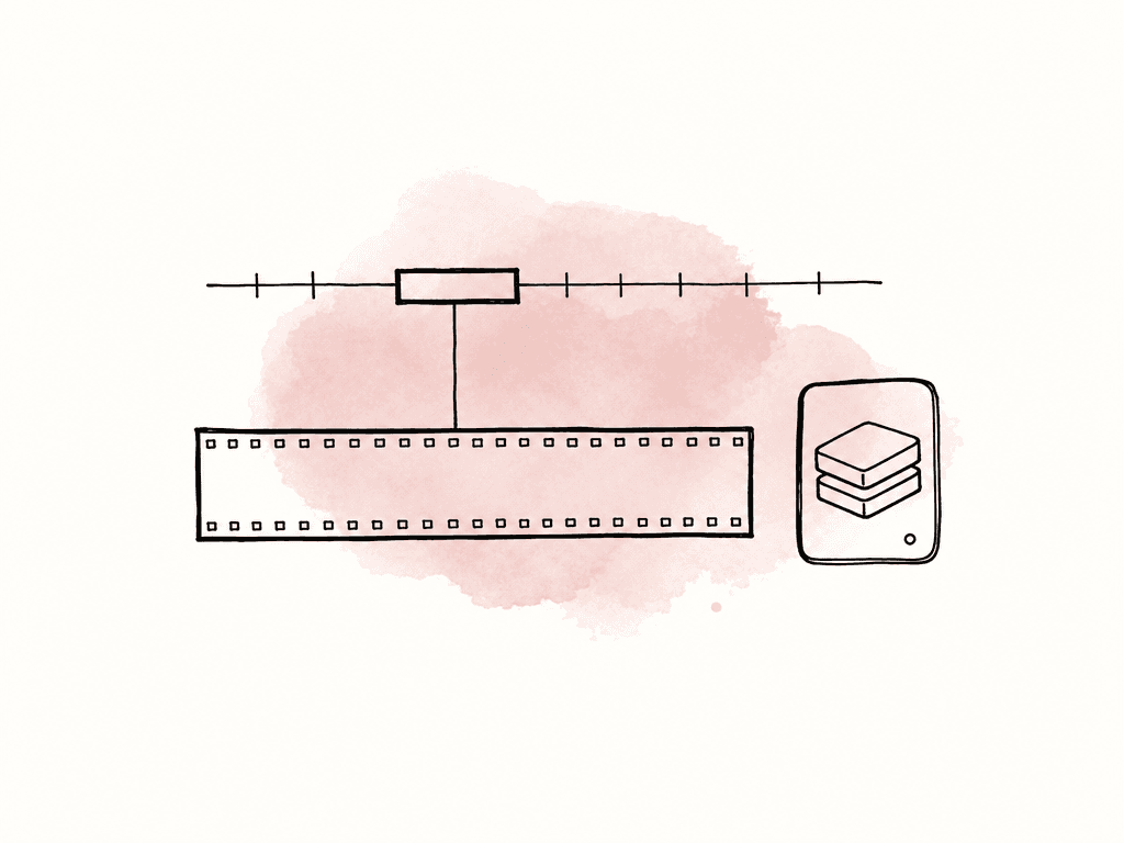 A short timeline segment connected to a much longer source file and a nearly filled drive.