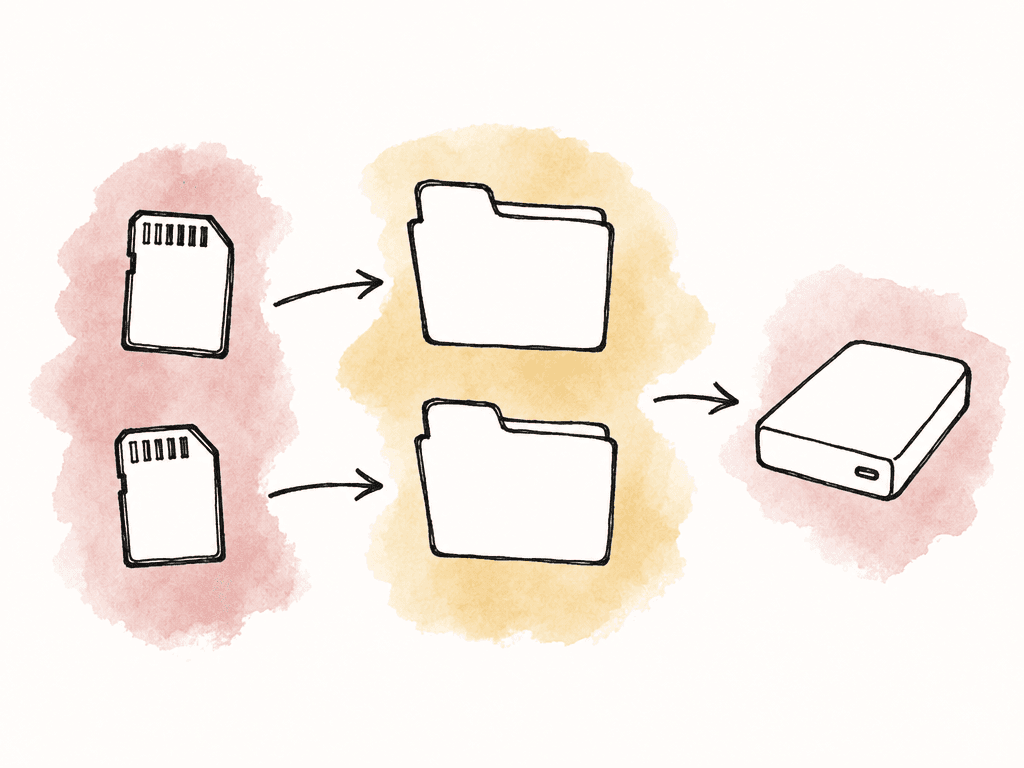 Camera cards kept while folders and a backup drive are made.