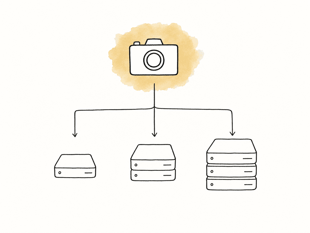 Hand-drawn camera media splitting into three different-sized piles of storage drives.
