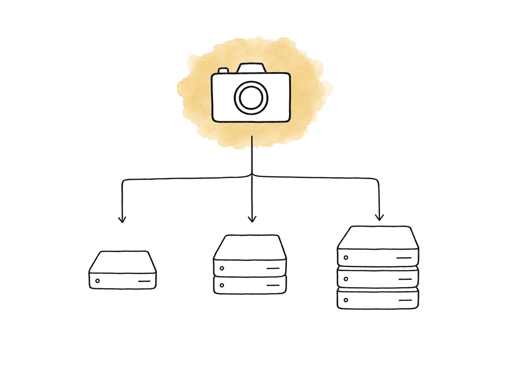 Hand-drawn camera media splitting into three different-sized piles of storage drives.