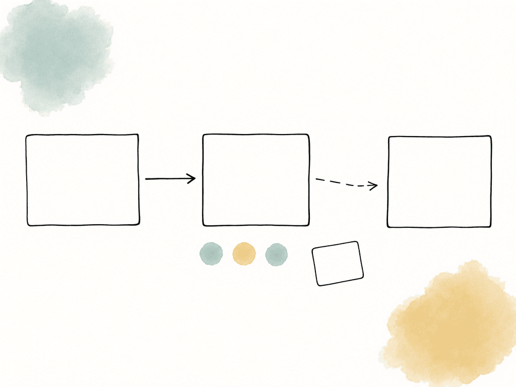 Hand-drawn media workflow with a broken arrow between middle stages, suggesting a failed handoff.