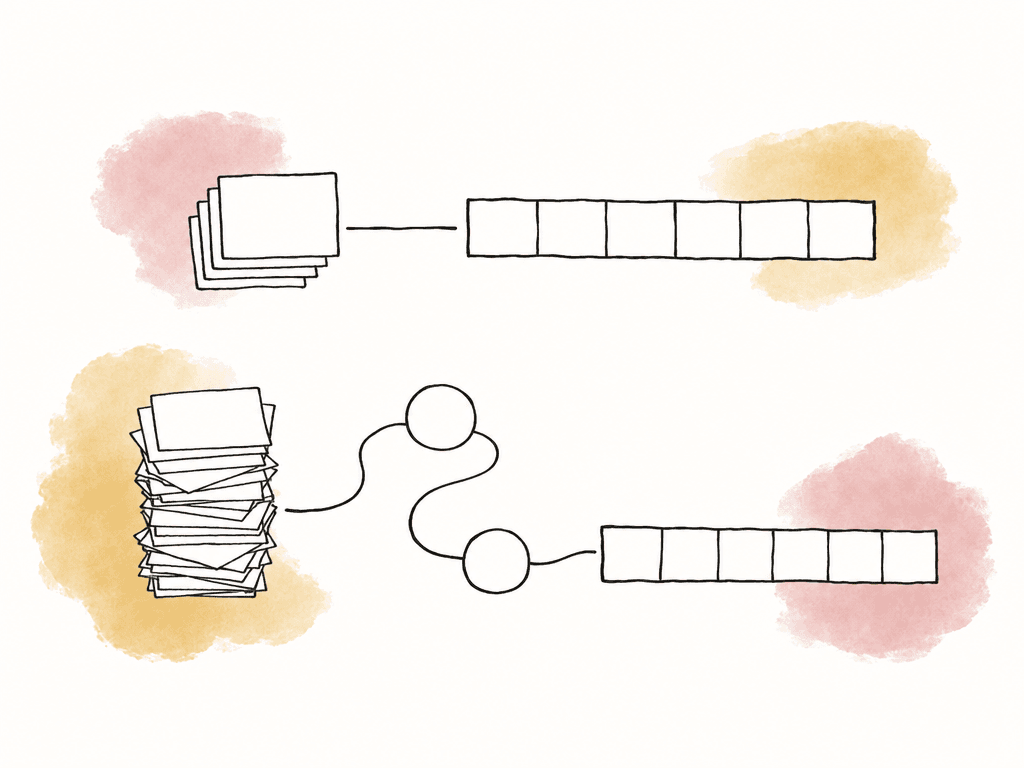 Hand-drawn comparison of a small media stack taking a short path to editing beside a larger media stack passing through extra processing steps.