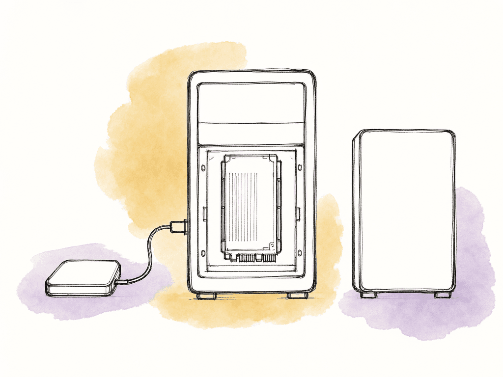Simple doodle of a workstation with an internal storage blade, a connected external SSD, and a larger separate backup drive.