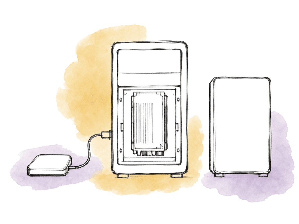 Simple doodle of a workstation with an internal storage blade, a connected external SSD, and a larger separate backup drive.