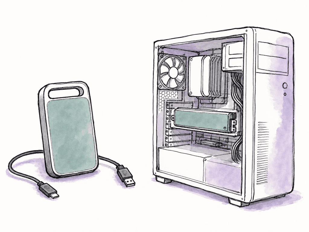 Simple doodle comparing a portable external SSD with an internal storage blade inside a workstation.