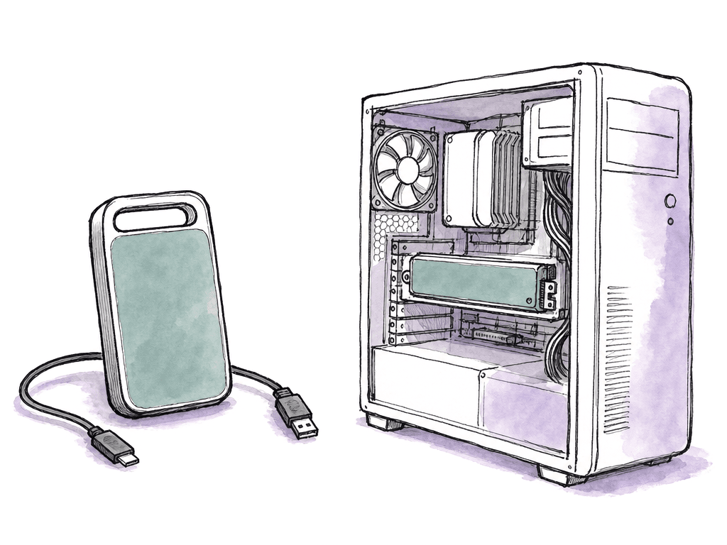 Simple doodle comparing a portable external SSD with an internal storage blade inside a workstation.
