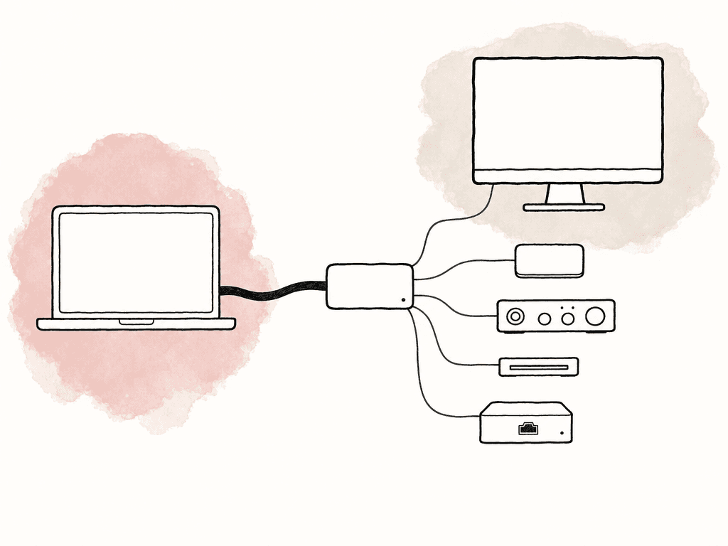 Doodle of a dock connecting several devices to a computer through a single shared cable.