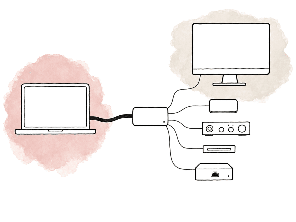 Doodle of a dock connecting several devices to a computer through a single shared cable.