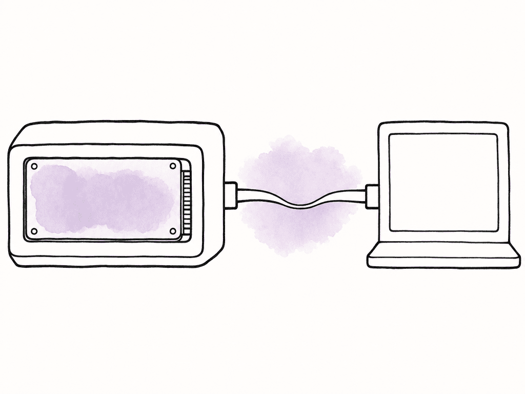 Doodle of an external SSD connected to a computer through a visibly narrowed cable path, suggesting a bandwidth limit.