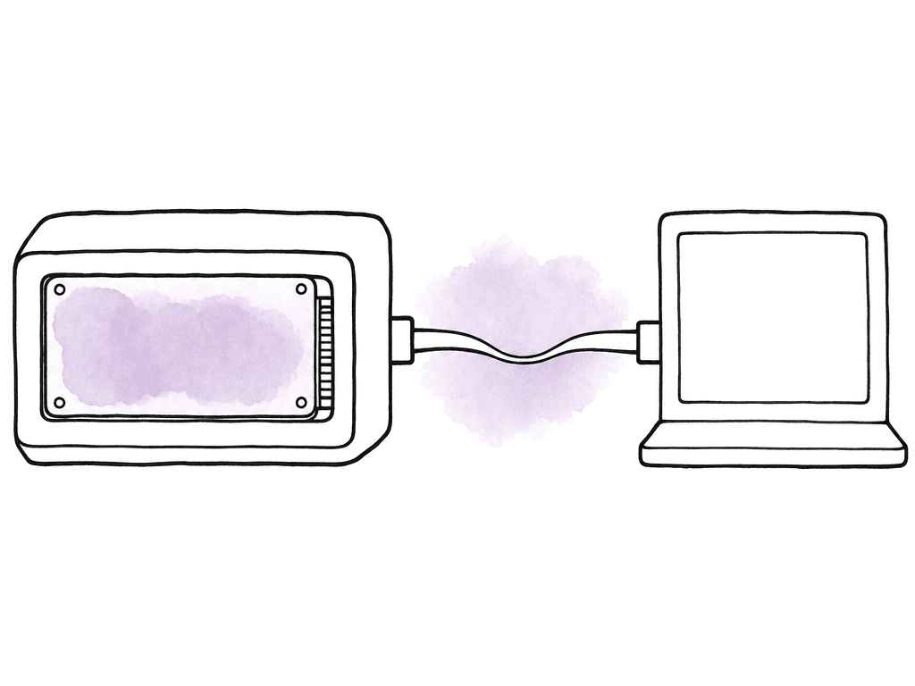 Doodle of an external SSD connected to a computer through a visibly narrowed cable path, suggesting a bandwidth limit.