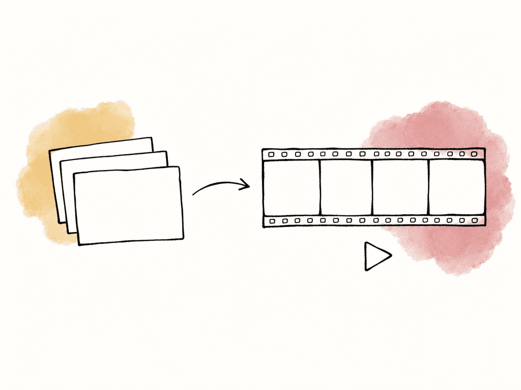 Blank individual frame cards flow into an organized filmstrip, showing how image sequences reconstruct motion.