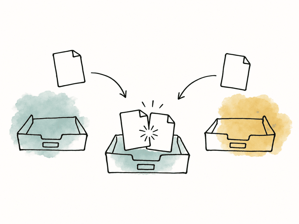 Two blank file icons from separate folders overlap in a shared tray, showing a rename collision.