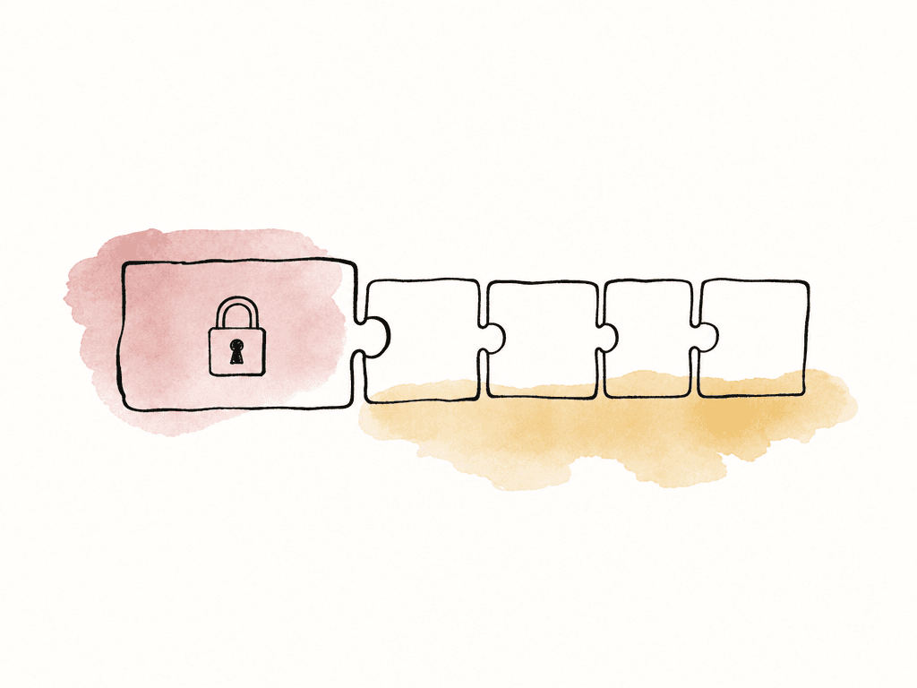 A locked main file block with smaller detachable blocks attached to it, suggesting stable identity plus separate delivery fields.