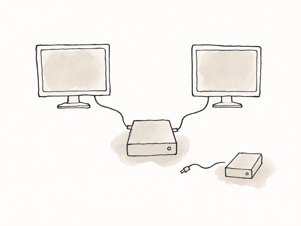 Two editing workstations connected to the same shared media drive.