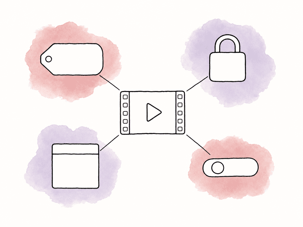 A video clip is connected to several blank tags and property cards representing preserved metadata.