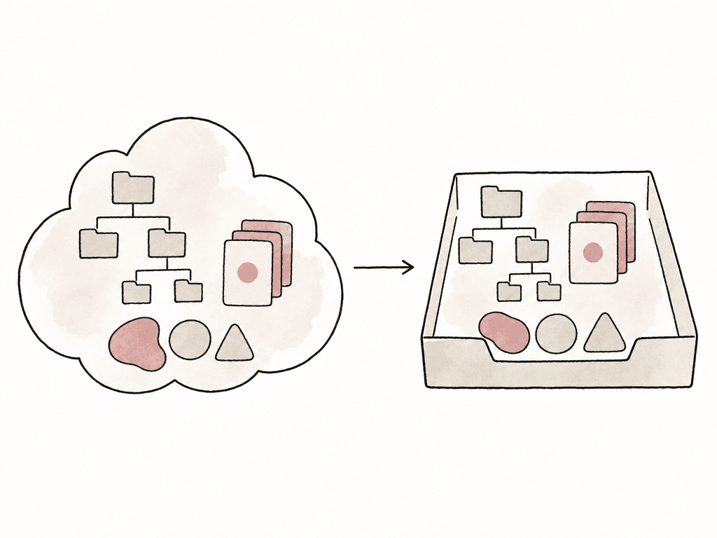 An organized cloud library is shown as an organized export package with folders, versions, and sidecar files intact.