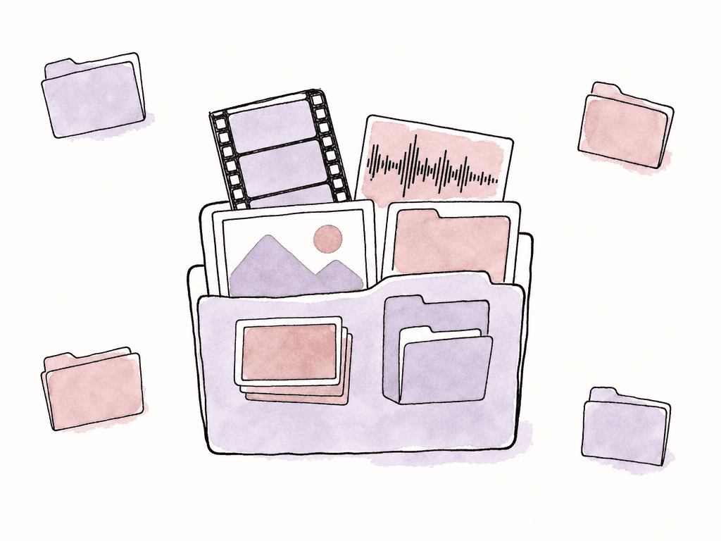 A messy project folder with mixed media items is separated from several plain library folders.