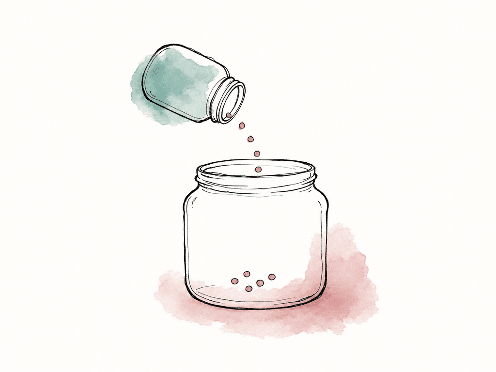 A small container of colored dots is poured into a larger empty container without adding more dots.