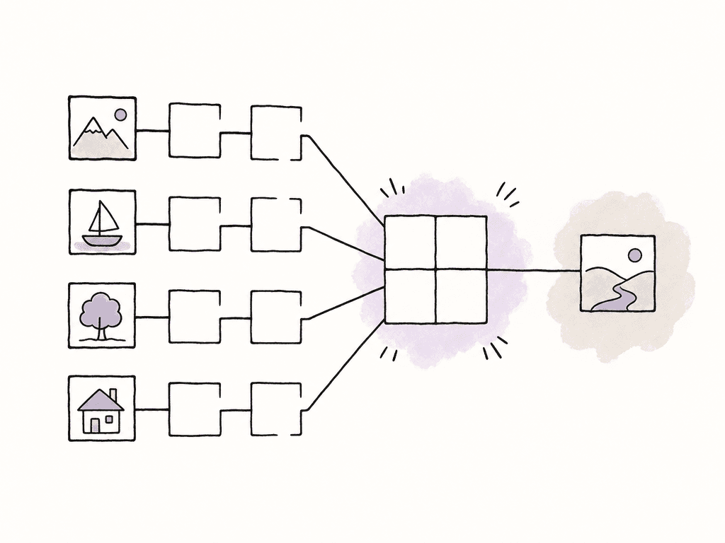 Four connected frame chains converge into a multicam grid and a single selected output frame.