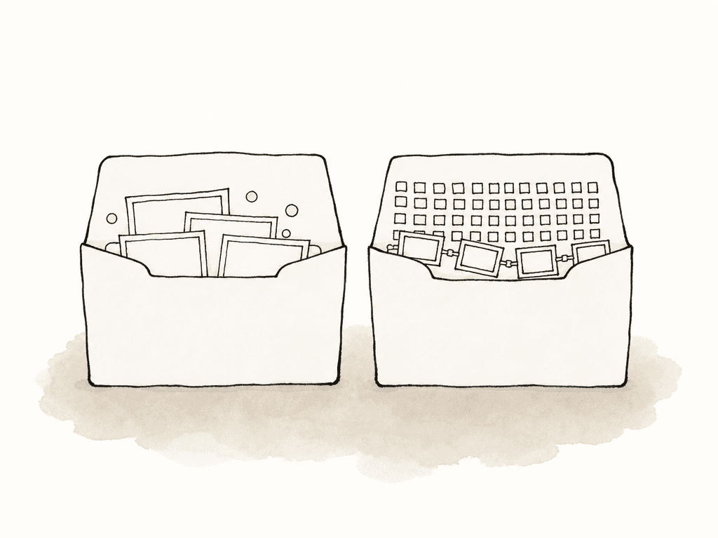 Several identical video file shapes reveal different internal frame and color patterns.