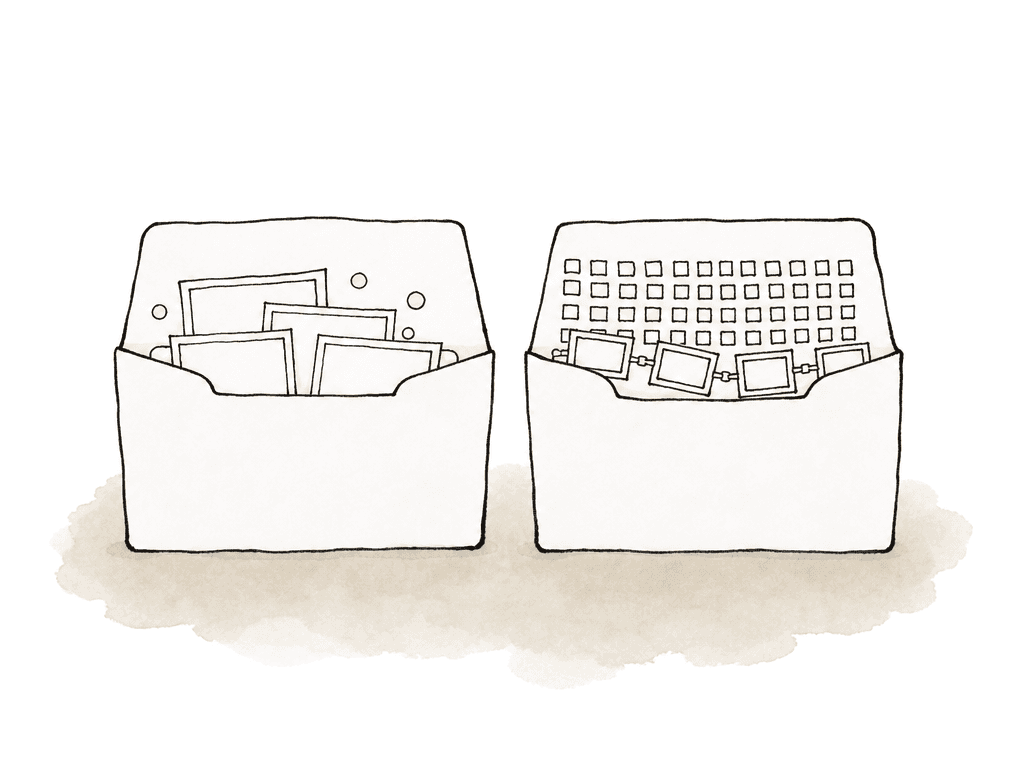 Several identical video file shapes reveal different internal frame and color patterns.
